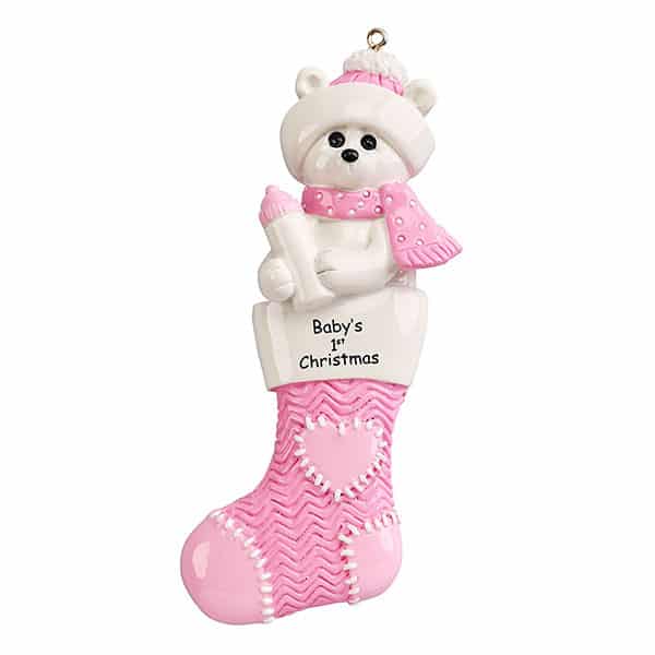 Babys 1st Christmas Polar Bear Stocking Personalized Three Pink