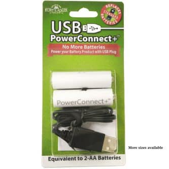 USB PowerConnect+ battery pack for replacing two AA batteries; includes two white cylindrical modules and USB cable on green packaging.