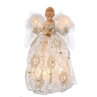 Tree Topper Ivory and Gold Angel with Two Candles Lit