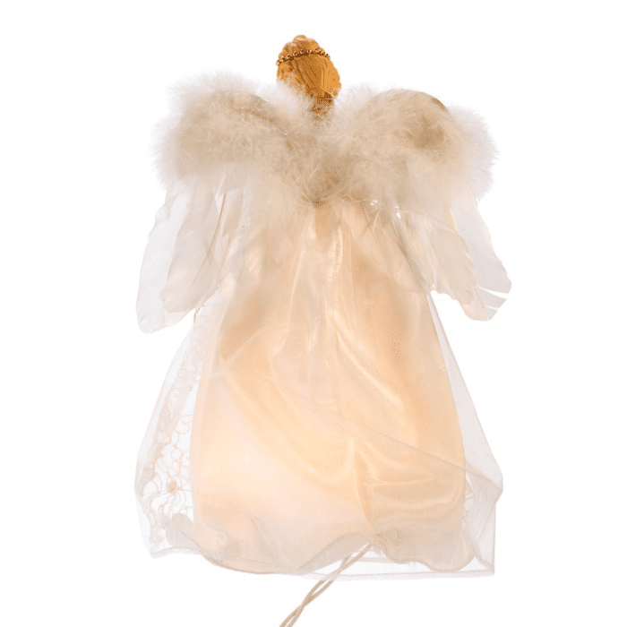 Tree Topper Ivory and Gold Angel with Two Candles Lit