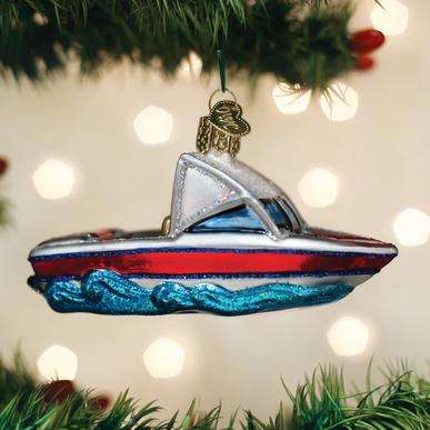 Old World Christmas Blown Glass Ski Boat Ornament