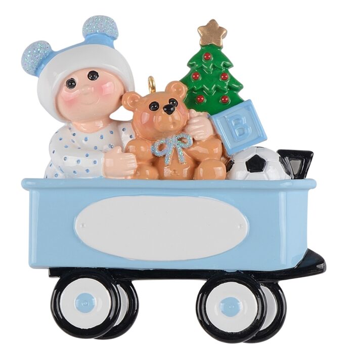 Christmas Baby Wagon Ornament Personalized Blue