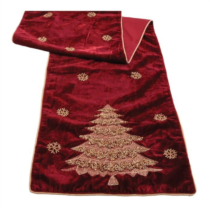 Pine Tree Embroidered and Bead Table Runner Close Up