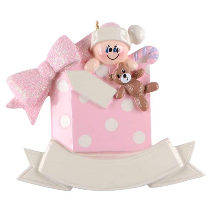 Baby in Gift Box Ornament Personalized Pink
