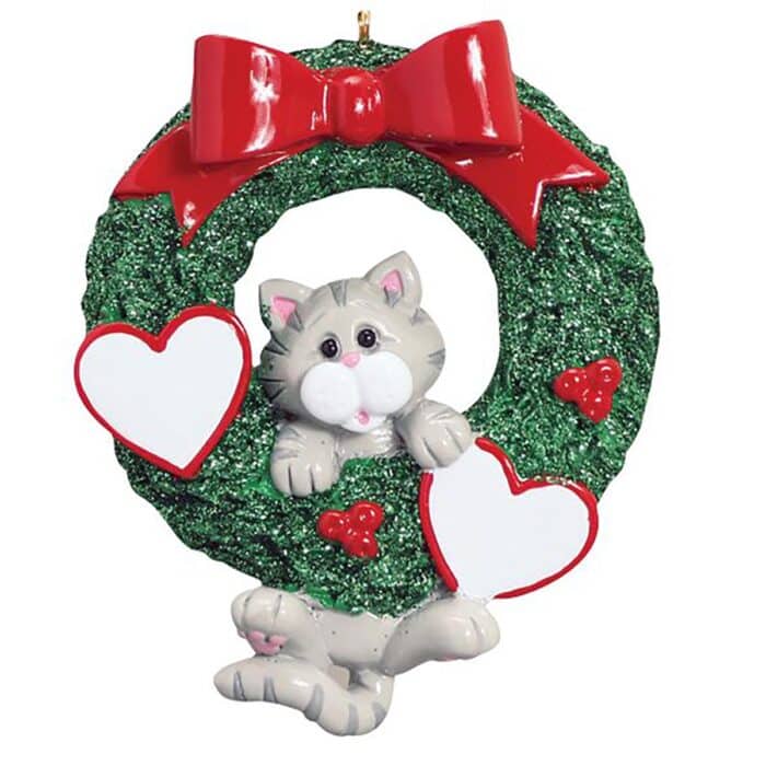 Gray Tabby Cat Wreath Ornament Personalize