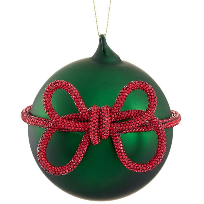 Round Ball with Rhinestone Bow Ornament Green