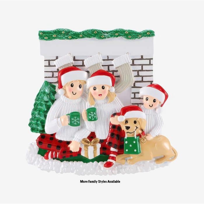 Fireplace Family with Dog Ornament Personalized