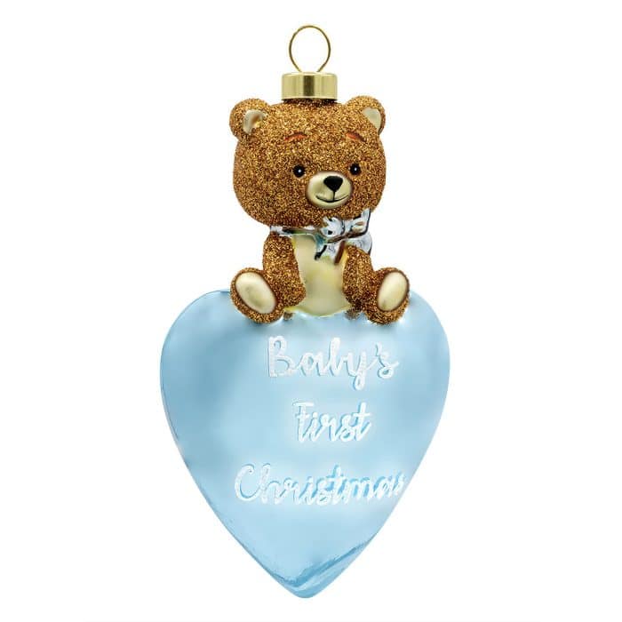 Baby First Bear Heart Ornament Personalized Blue