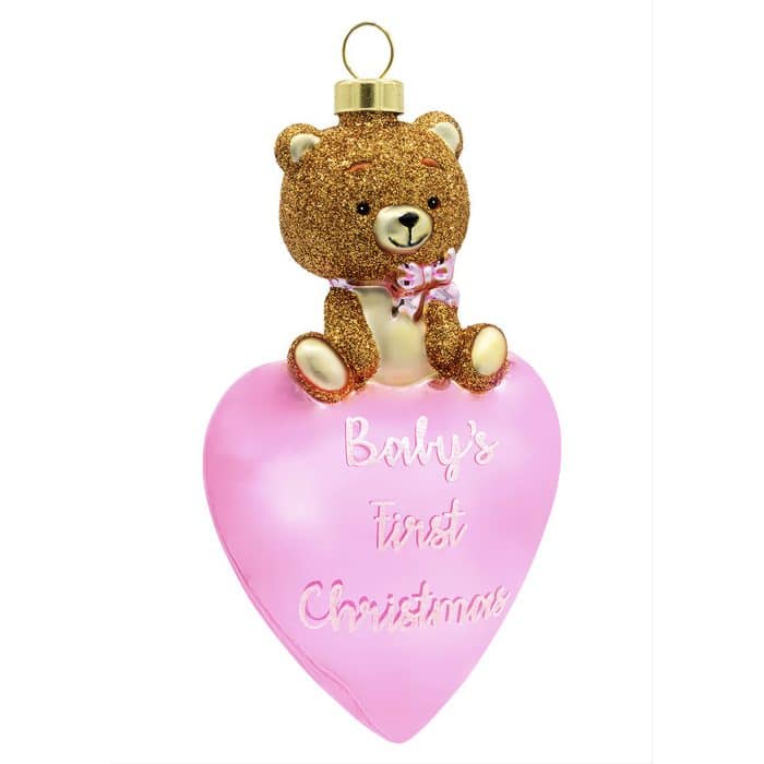Baby First Bear Heart Ornament Personalized Pink