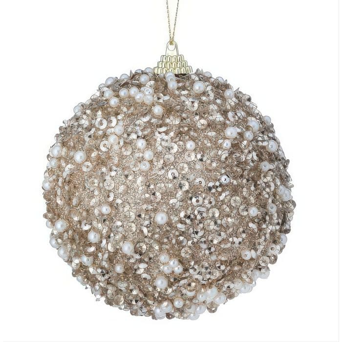 Champagne Gold Beaded Glitter Ball Ornament
