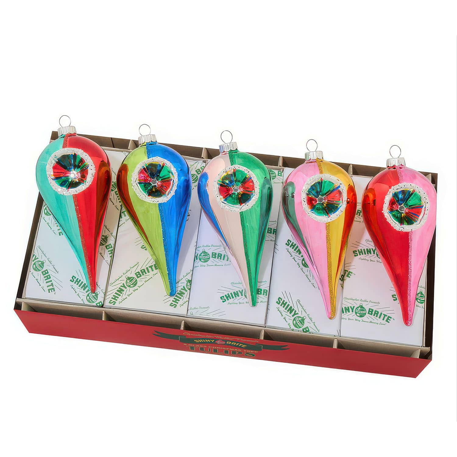 Radko Shiny Brite confetti reflector tulip ornament set with vintage-inspired colors