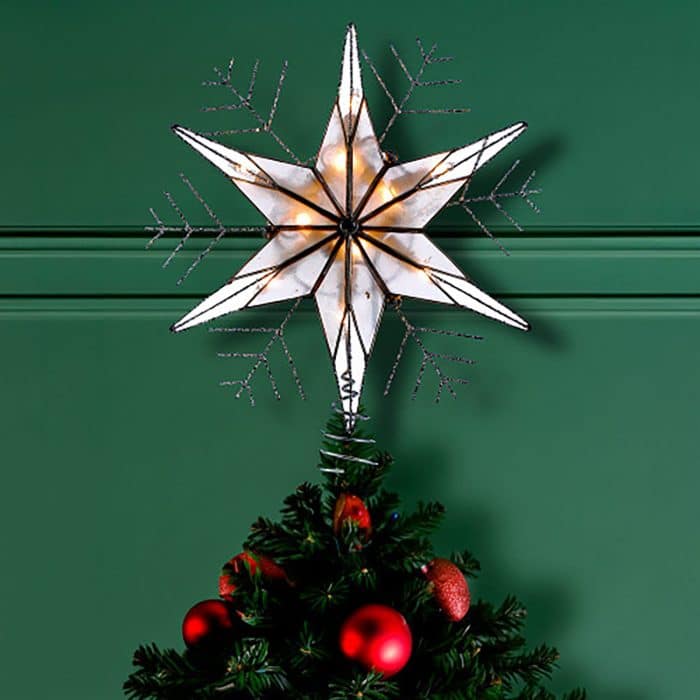Capiz Snowflake Lit Tree Topper Silver Wire on Tree