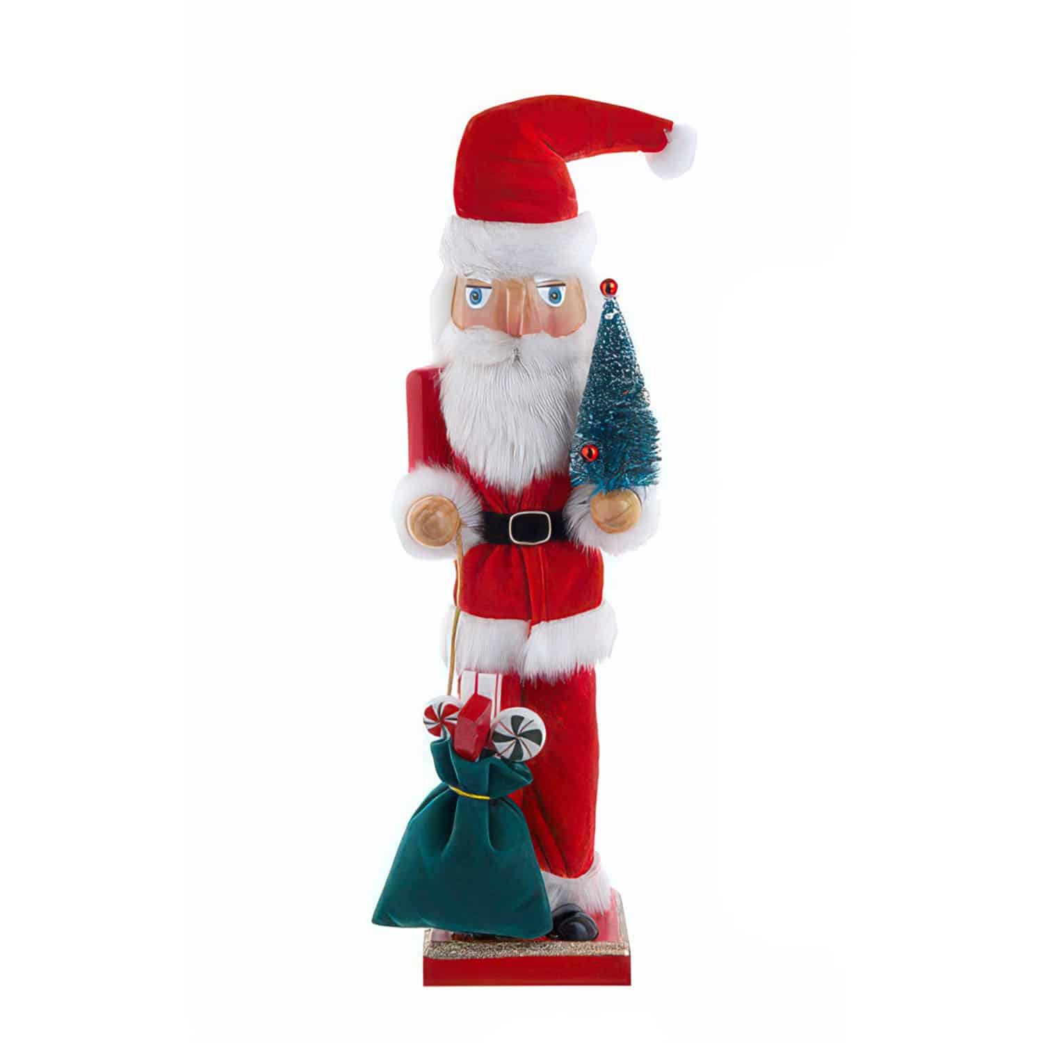 A Santa nutcracker holding a tree and a bag of gifts, a modern take on the traditional wooden nutcracker