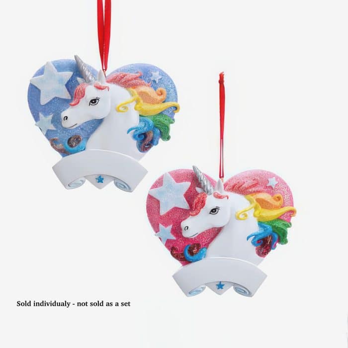 Two Glittery Unicorn Heart Ornaments with Rainbow Manes Hanging from Red Ribbons Blue and Pink with Star Patterns