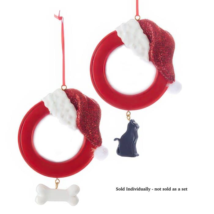 Red Circular Christmas Ornament with White Faux Fur and Red Glitter Accents Hanging by a Red Ribbon Plus Bone Charm at Bottom sold Individually