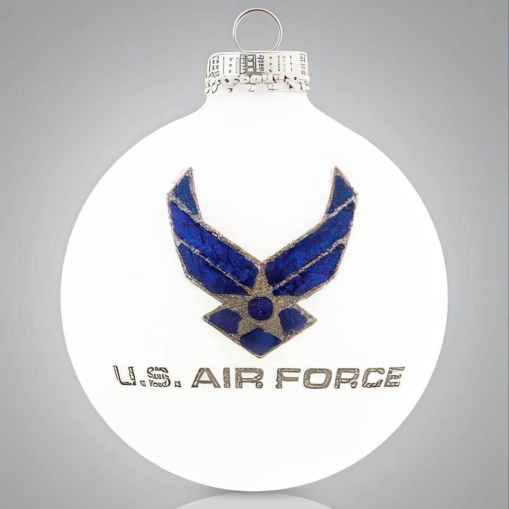 White Christmas Ornament Featuring a Blue and Gold Air Force Emblem on the Front and the Word air Force at the Bottom
