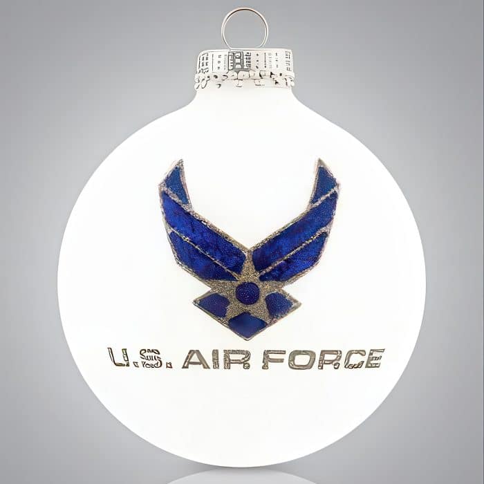 White Christmas Ornament Featuring a Blue and Gold Air Force Emblem on the Front and the Word air Force at the Bottom