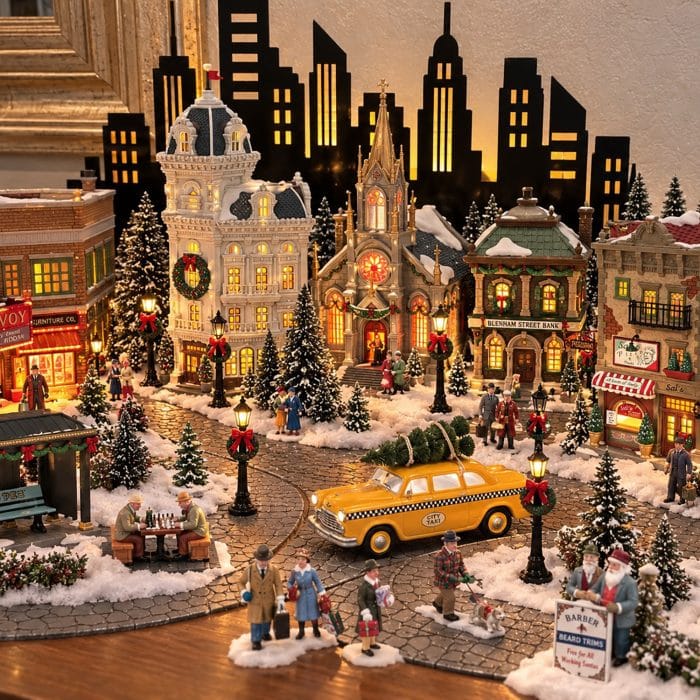 Elaborate Miniature Christmas Village with Lit Buildings Snow Trees and a Yellow Taxi Surrounded by Tiny Figures in a Festive Scene