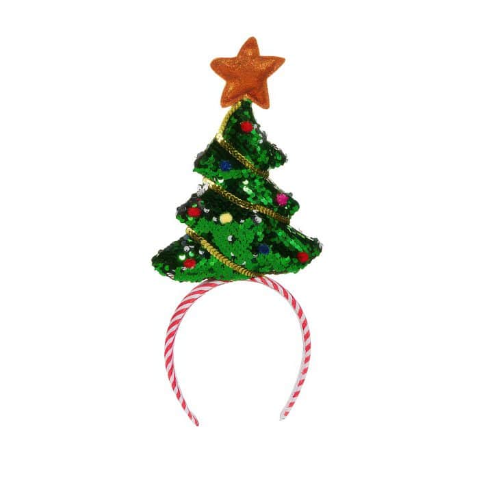Glittery Sequined Christmas Tree Topper with an Orange Star Atop a Striped Headband Ring